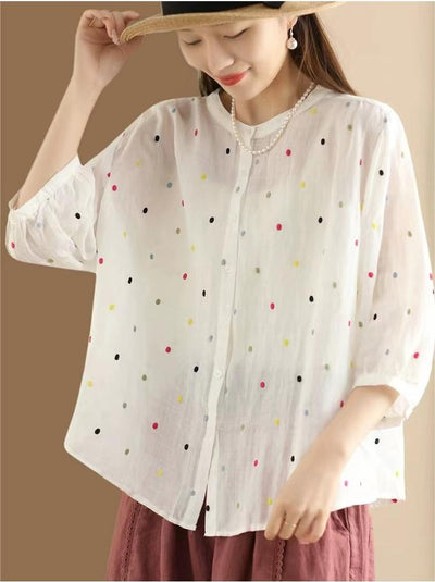 Women Casual Embroidered Polka Dot Ramie Shirt