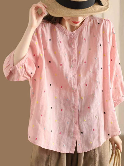 Women Casual Embroidered Polka Dot Ramie Shirt