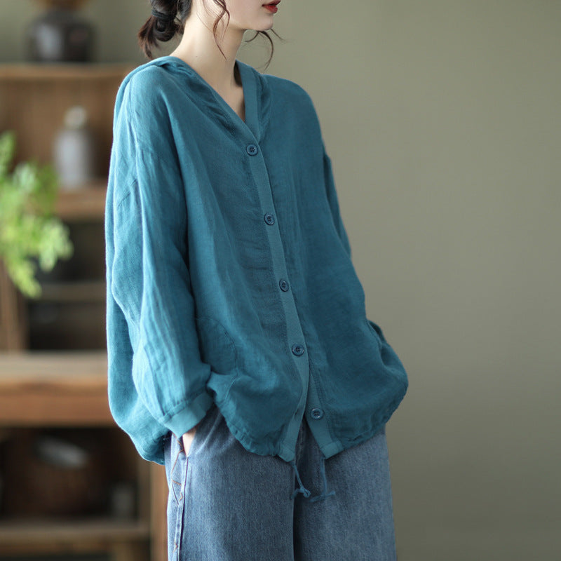 Women Casual Solid Color Loose Cotton Linen Hoodie