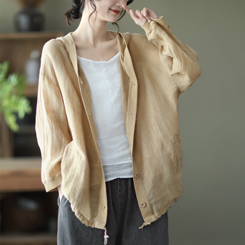 Women Casual Solid Color Loose Cotton Linen Hoodie