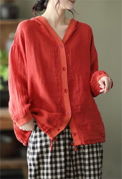 Women Casual Solid Color Loose Cotton Linen Hoodie