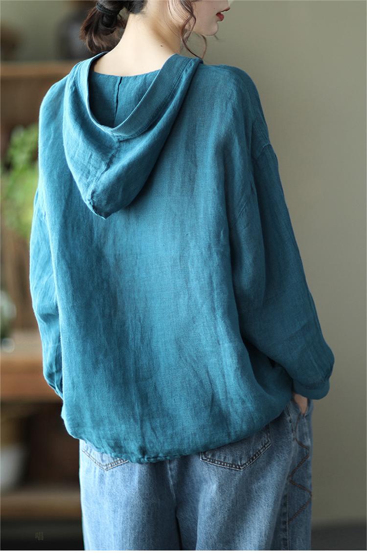 Women Casual Solid Color Loose Cotton Linen Hoodie