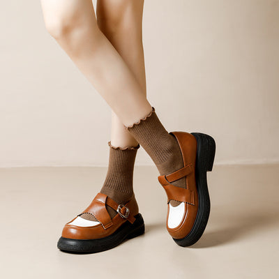 Women Color Block Leather Shoes Chunky Heel Loafers