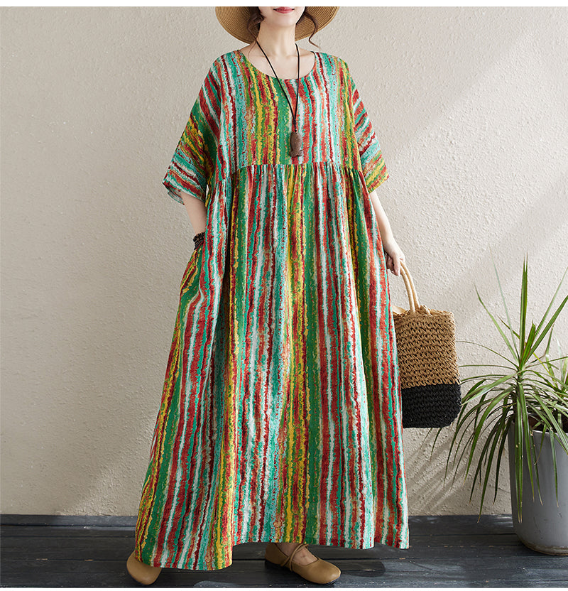 Women Colorful Striped Loose Midi Dress