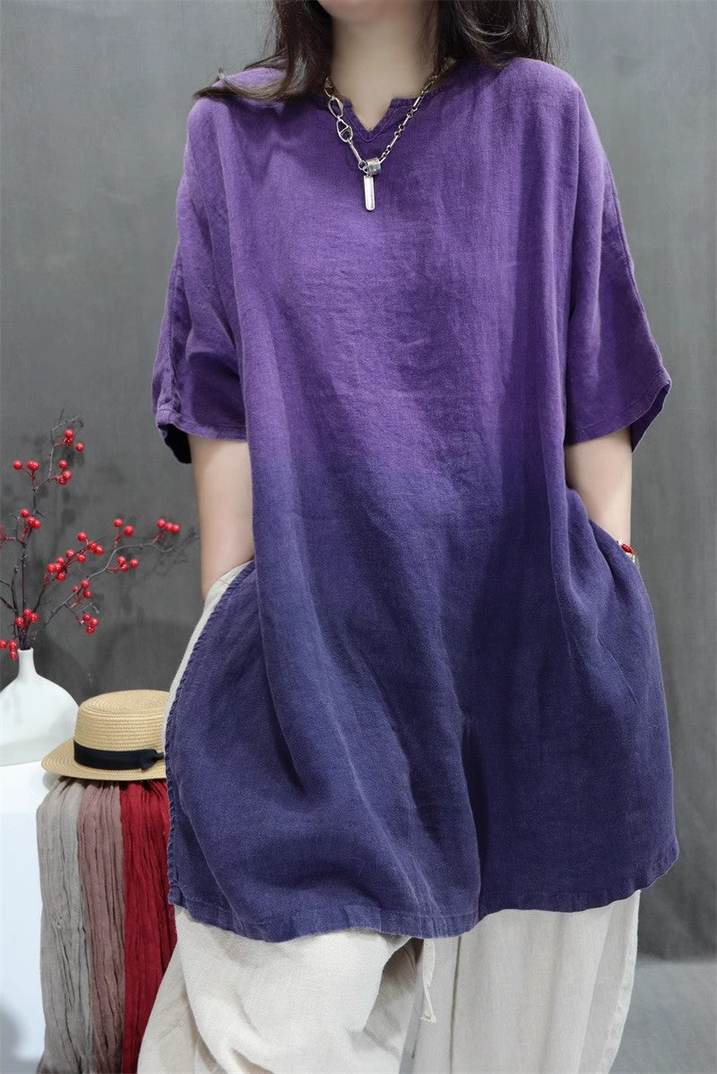 Women Distressed Gradient Slit Cotton Mid-Length Blouse