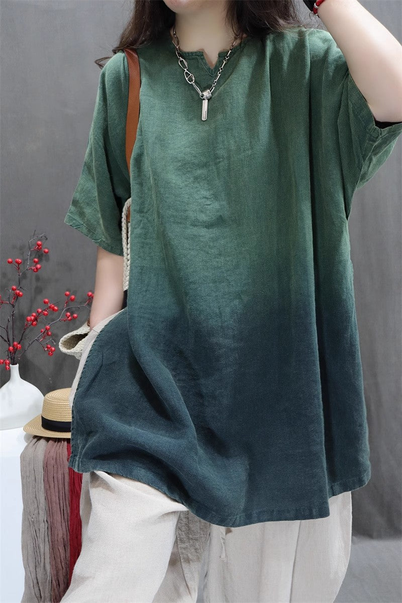 Women Distressed Gradient Slit Cotton Mid-Length Blouse