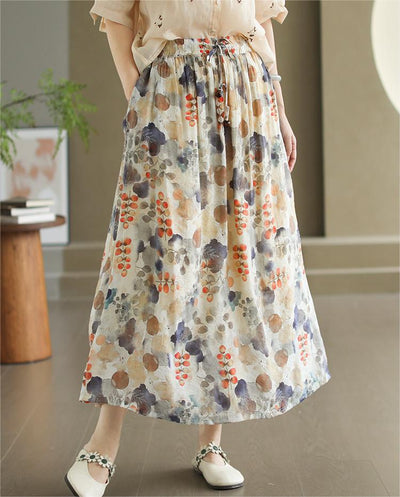 Women Drawstring Printed A-Line Midi Skirt