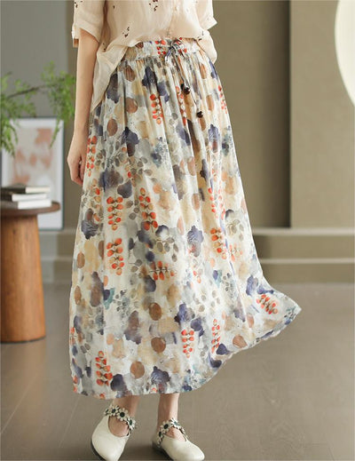 Women Drawstring Printed A-Line Midi Skirt