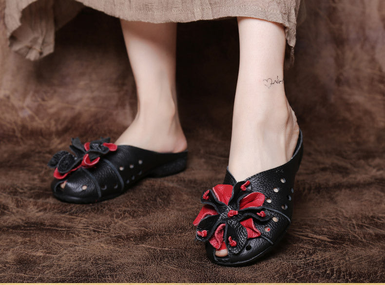 Women Ethnic Style Handmade Retro Flower Flat Slippers