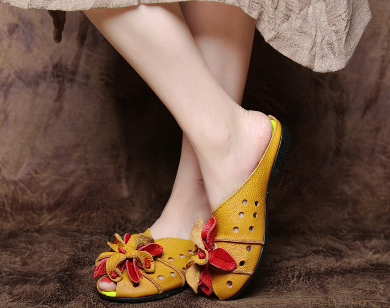 Women Ethnic Style Handmade Retro Flower Flat Slippers