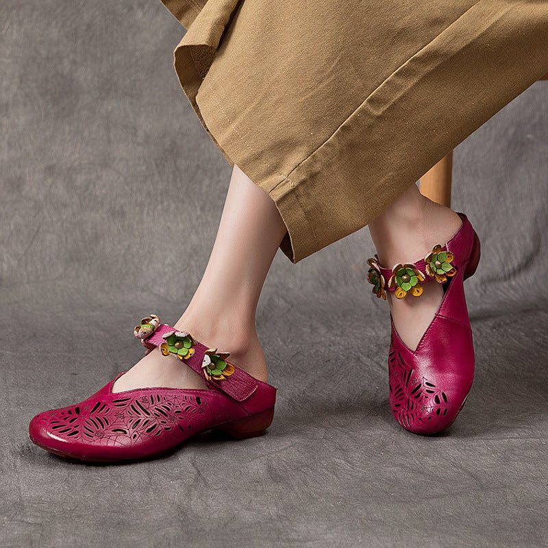 Women Ethnic Style Retro Hollow Floral Leather Slippers