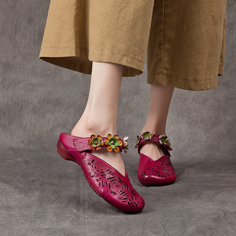 Women Ethnic Style Retro Hollow Floral Leather Slippers