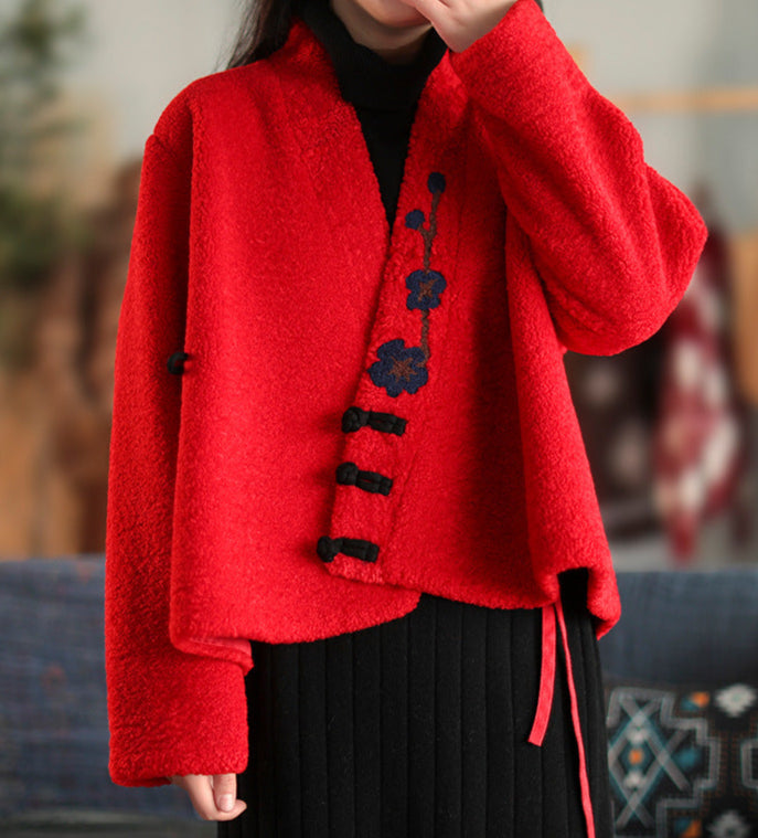 Women Ethnic Style Wool Suede Lining Cross-Over Warm Coat