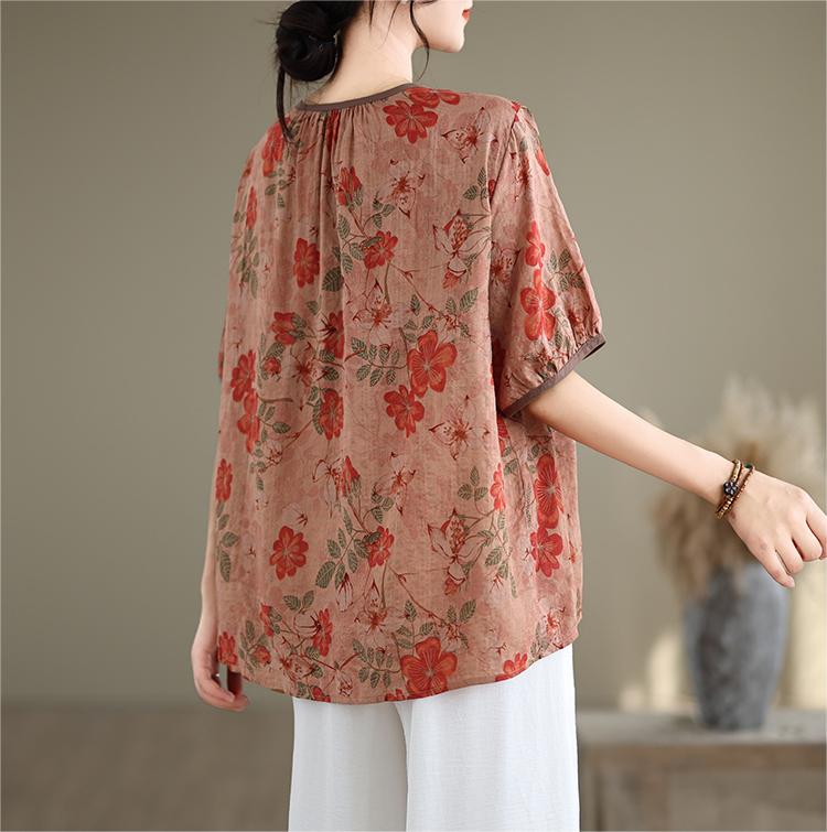 Women Floral Printed Ruffled Cotton Linen Blouses