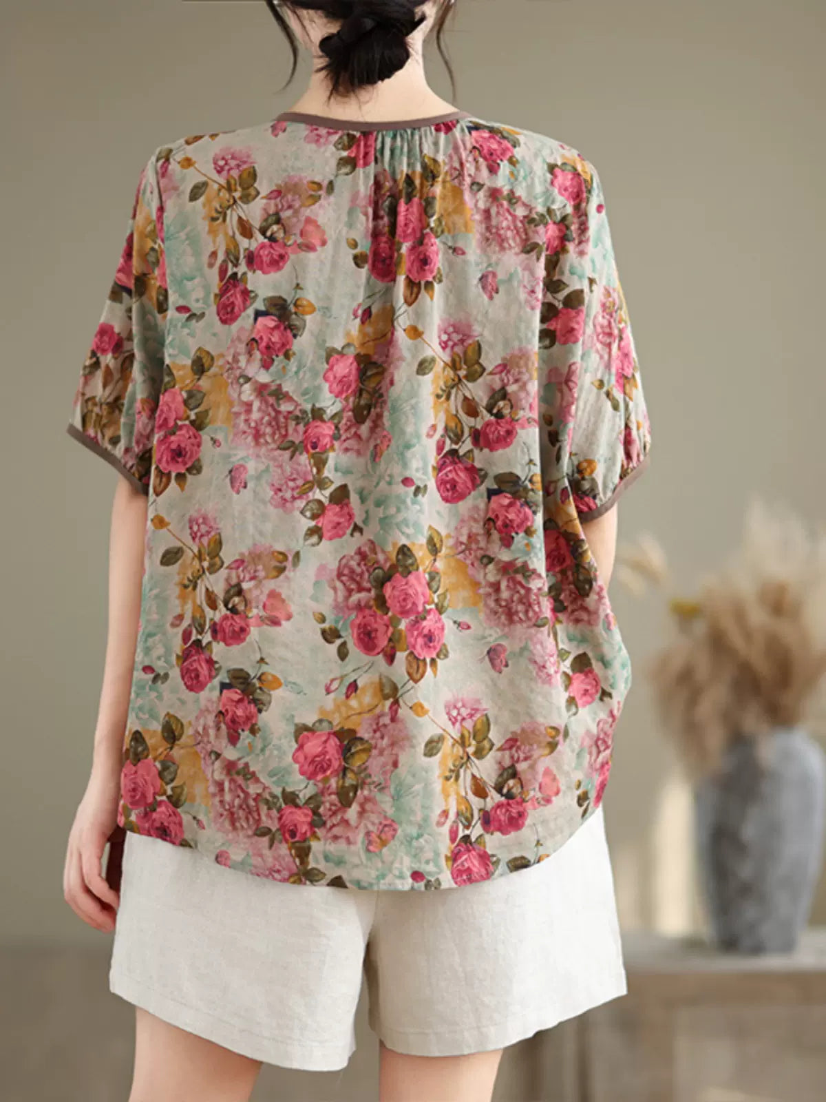 Women Floral Printed Ruffled Cotton Linen Blouses