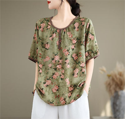 Women Floral Printed Ruffled Cotton Linen Blouses