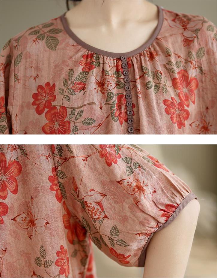 Women Floral Printed Ruffled Cotton Linen Blouses