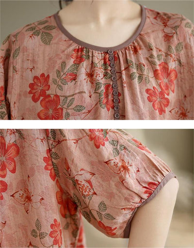 Women Floral Printed Ruffled Cotton Linen Blouses