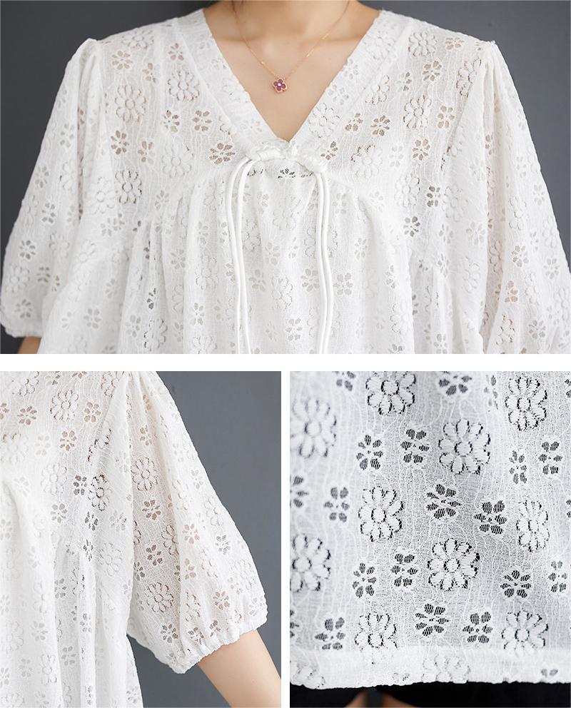 Women Hollow Flowers V-Neck Lace Blouses