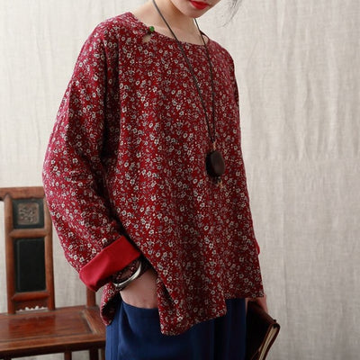 Women Loose Floral Printed Asymmetric Cotton Blouse