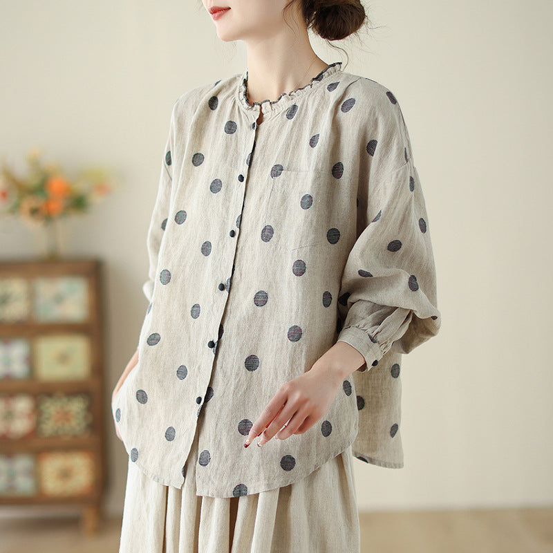 Women Polka Dot Ruffled Cotton Linen Shirts