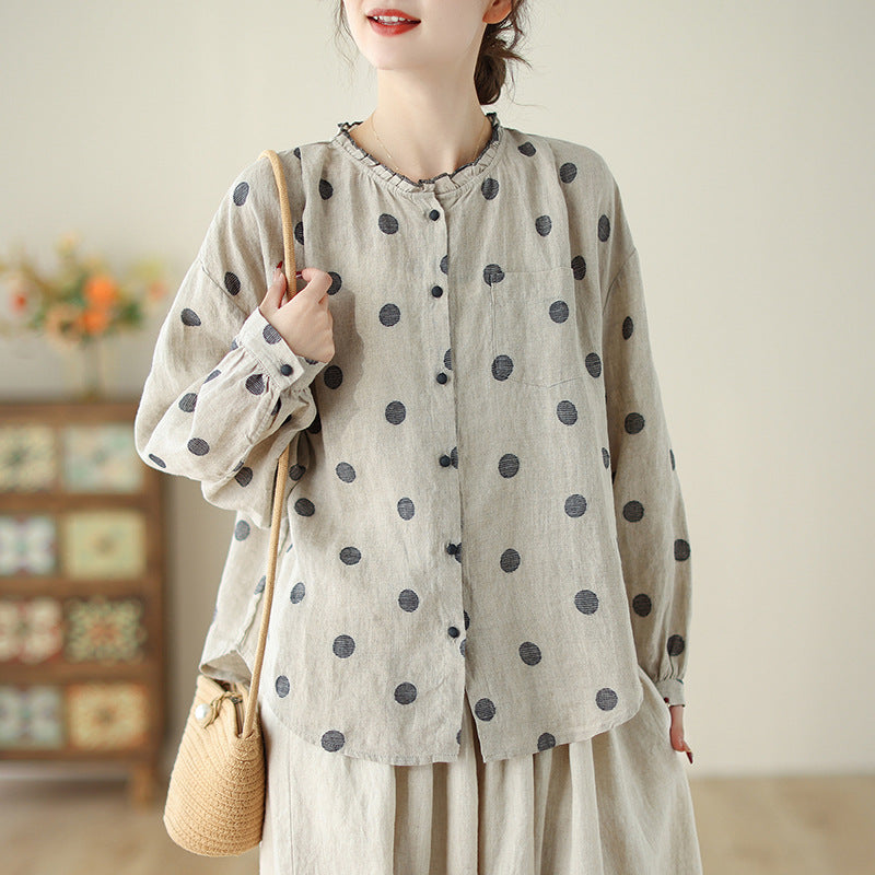 Women Polka Dot Ruffled Cotton Linen Shirts