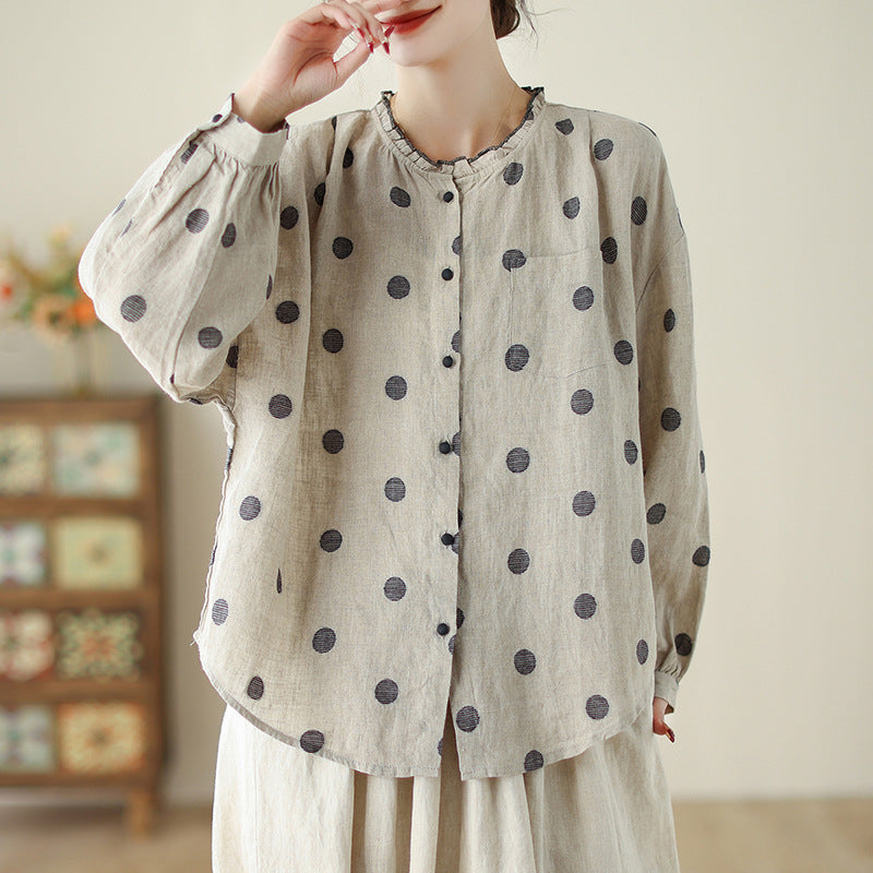 Women Polka Dot Ruffled Cotton Linen Shirts