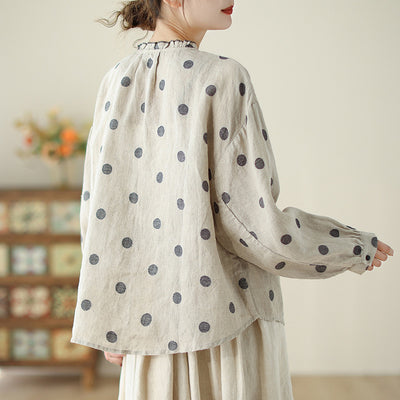 Women Polka Dot Ruffled Cotton Linen Shirts