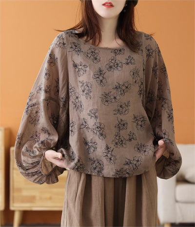 Women Printed Lantern Sleeves Cotton Linen Blouses