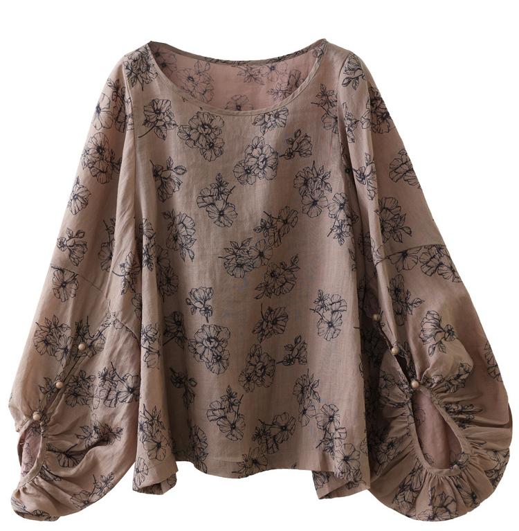 Women Printed Lantern Sleeves Cotton Linen Blouses