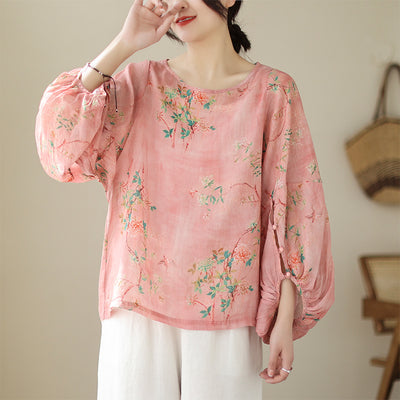 Women Printed Lantern Sleeves Cotton Linen Blouses