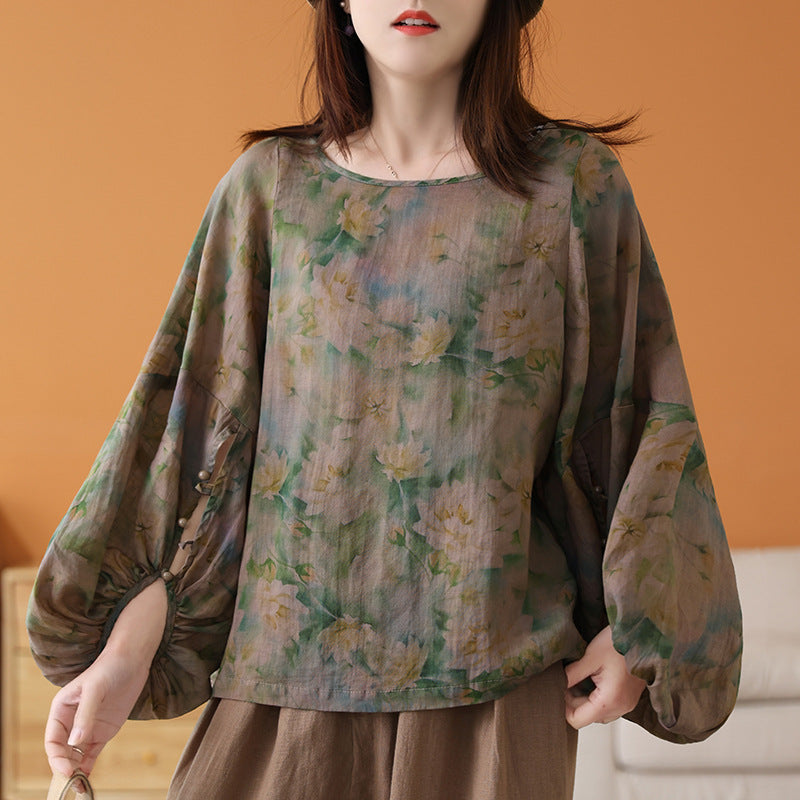 Women Printed Lantern Sleeves Cotton Linen Blouses