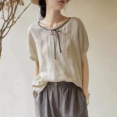 Women Retro Color Block Lace-Up Cotton Linen T-shirt