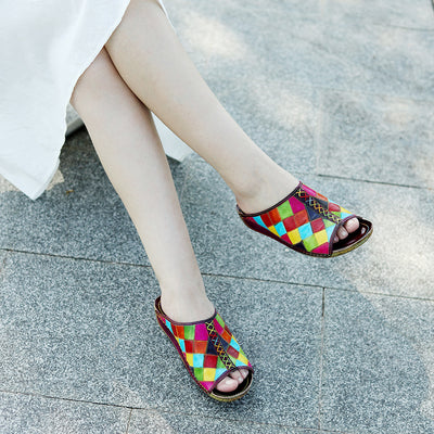 Women Retro Color Block Plaid Comfortable Slippers