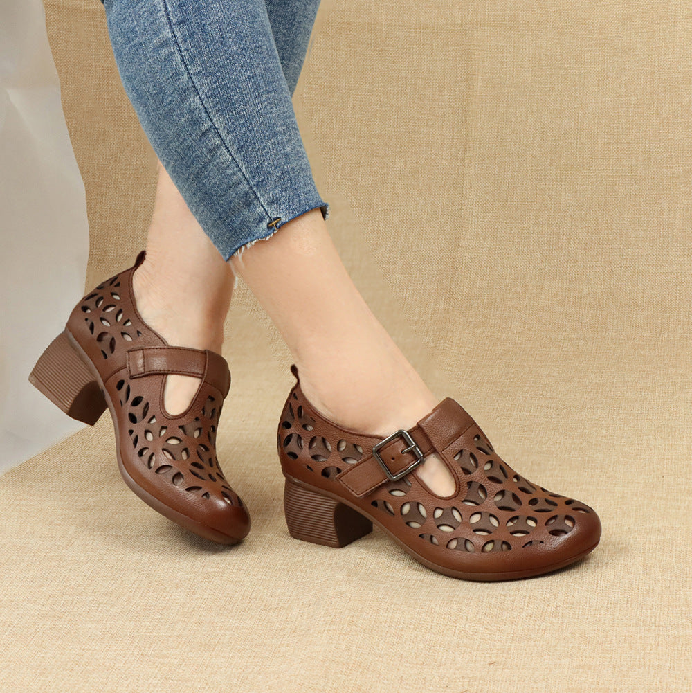 Women Retro Comfort Hollow Chunky Heel Sandals