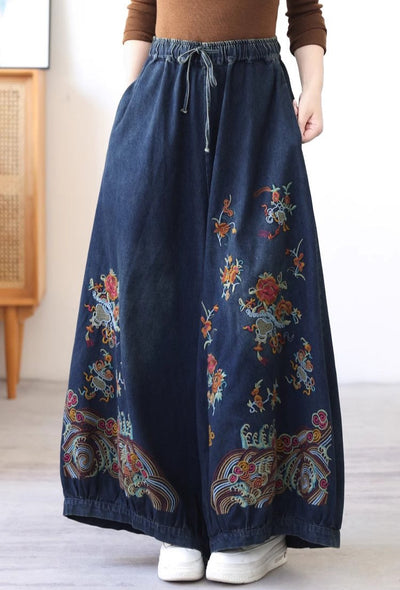 Women Retro Ethnic Style Embroidered Wide- Leg Jeans