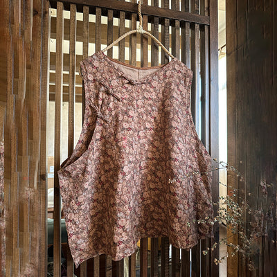 Women Retro Floral Cotton Linen Vest