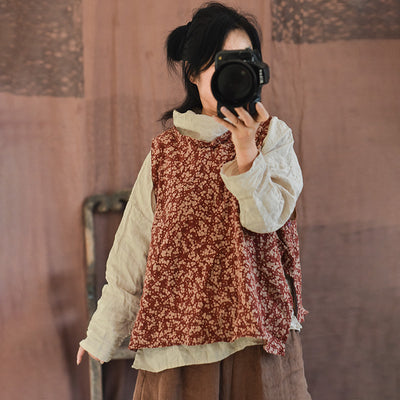 Women Retro Floral Cotton Linen Vest