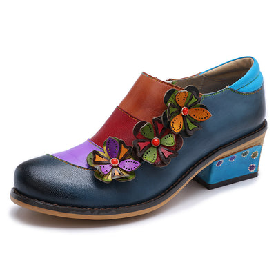 Women Retro Flowers Color Block Leather Brogue Shoes