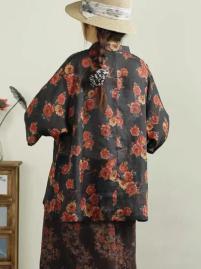 Women Retro Printed Stand Collar Ramie Blouses