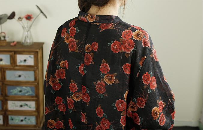 Women Retro Printed Stand Collar Ramie Blouses