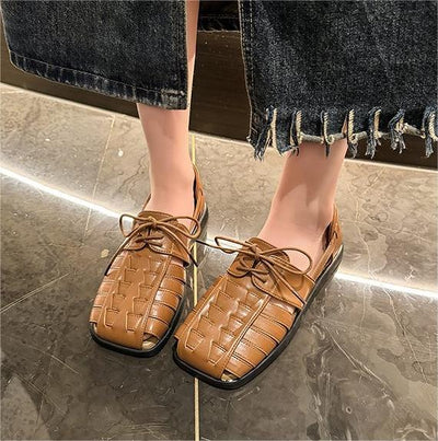 Women Retro Square Toe Lace-Up Leather Sandals