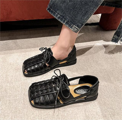 Women Retro Square Toe Lace-Up Leather Sandals