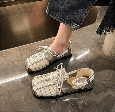 Women Retro Square Toe Lace-Up Leather Sandals