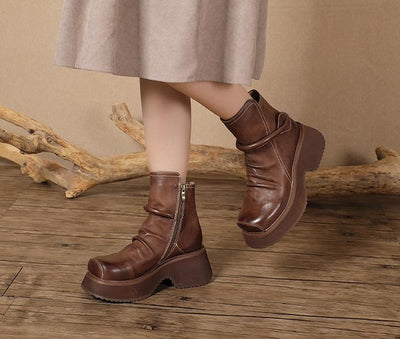 Women Retro Square Toe Ruched Mid- Calf Boots