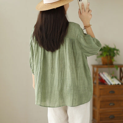 Women Retro Textured Embroidered Loose V- Neck Blouse