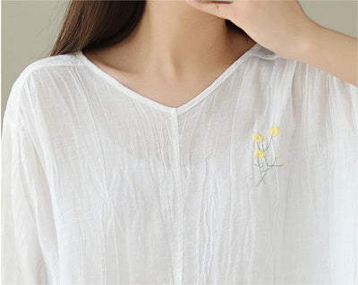 Women Retro Textured Embroidered Loose V- Neck Blouse