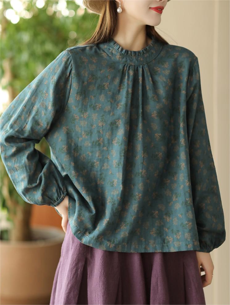 Women Reversible Double-Layer Floral Ruffled Cotton Shirts