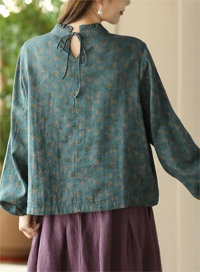 Women Reversible Double-Layer Floral Ruffled Cotton Shirts