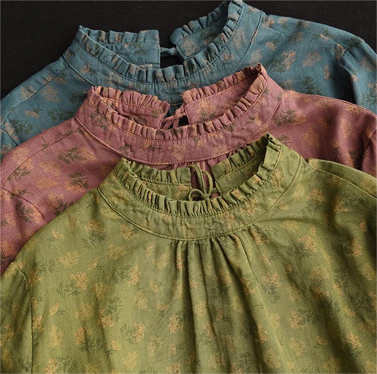 Women Reversible Double-Layer Floral Ruffled Cotton Shirts